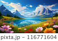 壮大な山脈と美しい湖と花畑が広がる風景 116771604