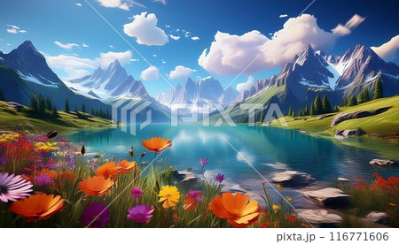 壮大な山脈と美しい湖が広がる爽快感のある風景 116771606
