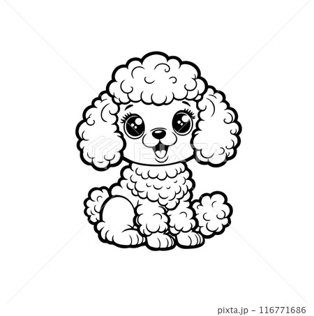Cute cartoon poodle puppy with big eyes sitting happily. Adorable fluffy dog with cheerful expression for kids coloring books, activity pages, pet-themed designs. Black and white vector illustration Cute cartoon poodle puppy with big eyes sitting happily. Adorable fluffy dog with cheerful expression for kids coloring books, activity pages, pet-themed designs. Black and white vector illustration 116771686