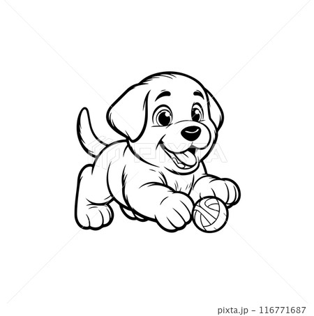 Playful Labrador puppy holding a ball. Adorable cartoon dog with a joyful expression. Perfect for child coloring books, pet-related designs, and playful themes. Vector illustration Playful Labrador puppy holding a ball. Adorable cartoon dog with a joyful expression. Perfect for child coloring books, pet-related designs, and playful themes. Vector illustration 116771687