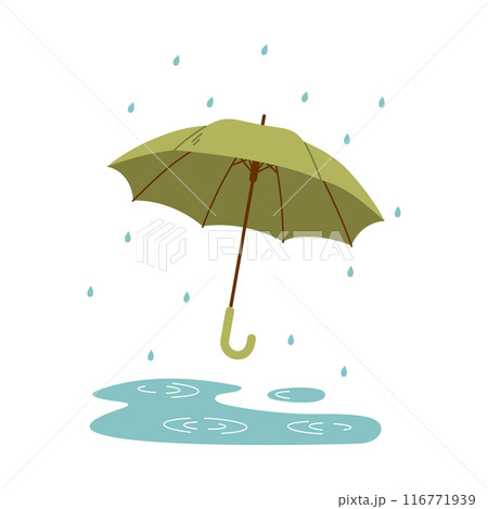 Open umbrella protect from raindrops in autumn or spring rain. Rainy weather. Flat vector illustration Open umbrella protect from raindrops in autumn or spring rain. Rainy weather. Flat vector illustration 116771939