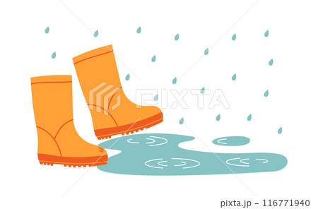 Orange rubber boots. Autumn or spring rainy weather and puddle. Flat vector isolated illustration Orange rubber boots. Autumn or spring rainy weather and puddle. Flat vector isolated illustration 116771940
