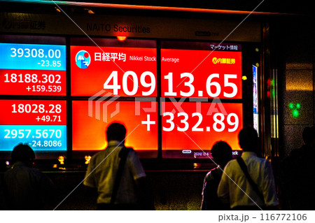 日本の東京都市景観 4万円突破の日経平均を更新4万913円65銭…株価ボード/終値＝4日、日本橋兜町 116772106
