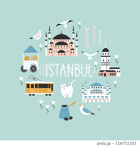 Hand drawn circle illustration with symbols and famous places of Istanbul Hand drawn circle illustration with symbols and famous places of Istanbul 116772161