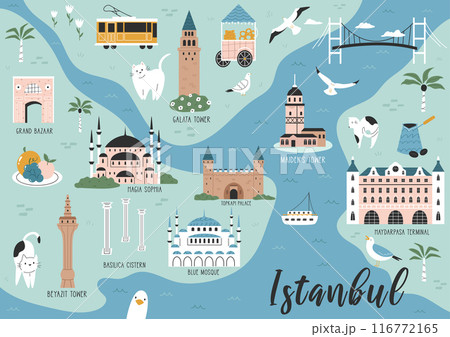 Hand drawn illustrated map of Istanbul with famous places Hagia Sophia, Blue Mosque, Galata Tower, Bosphorus Bridge 116772165