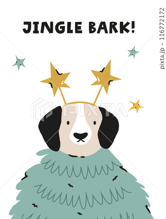 Holiday Christmas card with portrait of adorable dog Holiday Christmas card with portrait of adorable dog 116772172