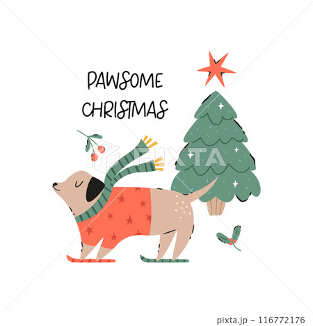 Holiday Christmas card with adorable dog and Christmas tree 116772176