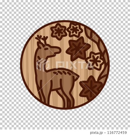 Wood carving style circular mini Hanafuda cards - Kannazuki, autumn leaves, deer, October, autumn leaves and deer Wood carving style circular mini Hanafuda cards - Kannazuki, autumn leaves, deer, October, autumn leaves and deer 116772459