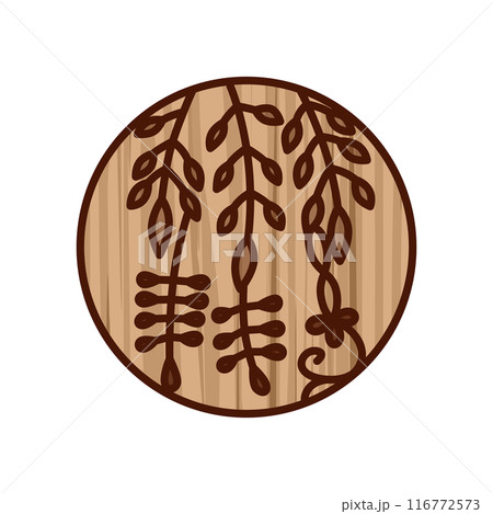 木彫り風円形ミニ花札　卯月　藤　4月　藤のカス 116772573