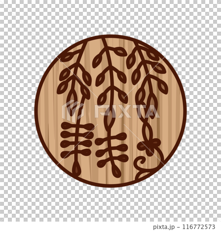 木彫り風円形ミニ花札　卯月　藤　4月　藤のカス 116772573