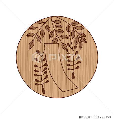 木彫り風円形花札　卯月　藤　赤短　4月　藤に赤短 116772594