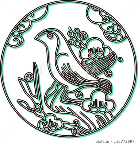 カラーシャドウの円形花札　鶯　如月　梅　2月　梅に鶯 116772697