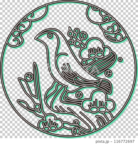 カラーシャドウの円形花札　鶯　如月　梅　2月　梅に鶯 116772697