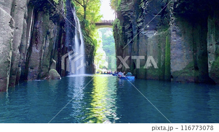 新緑と真名井の滝の水しぶきが水面に映える五ヶ瀬川〈高千穂峡/宮崎県西臼杵郡高千穂町〉 116773078