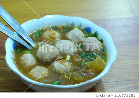 A bowl of bakso, a popular Indonesian meatball soup. A bowl of bakso, a popular Indonesian meatball soup. 116773105