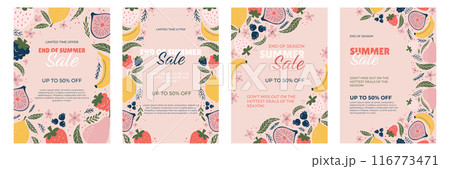 Four promotional vertical Posters End of Season Summer Sale. Pastel pink background with vibrant fruit illustrations bananas, lemons, figs, strawberries, blueberries and floral accents. Four promotional vertical Posters End of Season Summer Sale. Pastel pink background with vibrant fruit illustrations bananas, lemons, figs, strawberries, blueberries and floral accents. 116773471
