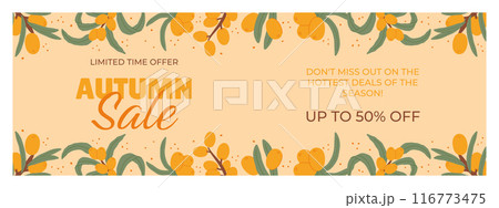Sea Buckthorn Autumn Sale Banner, showcasing elegant autumn motifs with bright orange berries and verdant green leaves on a beige backdrop. The minimalist design accentuates our seasonal promotions. 116773475