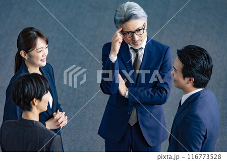 ロビーで会話する幅広い世代のビジネスパーソンのグループ 116773528