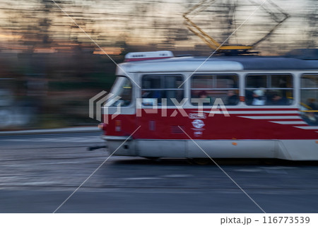 Old vintage retro tram in motion, intentionally blurred, public transportation in the streets of Prague, capital of Czech Republic Old vintage retro tram in motion, intentionally blurred, public transportation in the streets of Prague, capital of Czech Republic 116773539