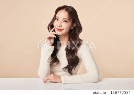 Beautiful young asian woman with clean fresh skin on beige background, Face care, Facial treatment, Cosmetology, beauty and spa, Asian women portrait. 116773584