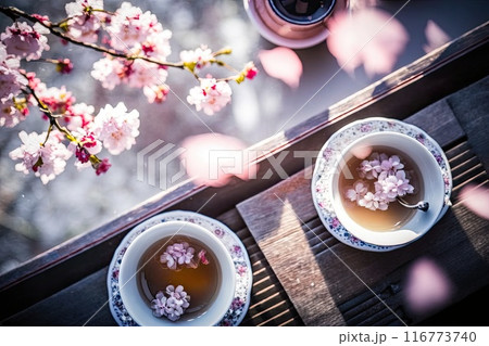 Cups of tea and beautiful flowers. Refined vintage dishes. Generative Ai 116773740