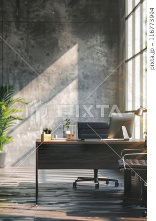 Modern office desk with large window and natural light. Generative AI Modern office desk with large window and natural light. Generative AI 116773994