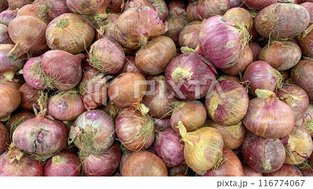 Top view of red onions displayed in supermarket. Healthy food concept. Top view of red onions displayed in supermarket. Healthy food concept. 116774067