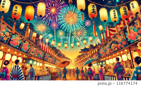 カラフルな夏祭りの提灯 116774174