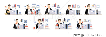Man Office Clerk and Employee at Desk with Laptop Vector Set 116774365