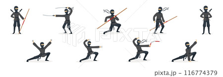 Man Ninja Character with Face Cover and Weapon Vector Set 116774379