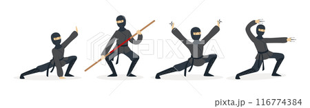 Man Ninja Character with Face Cover and Weapon Vector Set Man Ninja Character with Face Cover and Weapon Vector Set 116774384