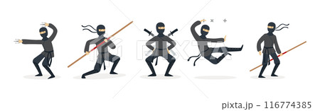 Man Ninja Character with Face Cover and Weapon Vector Set Man Ninja Character with Face Cover and Weapon Vector Set 116774385