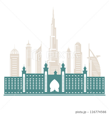 United Arab Emirates skyscrapers silhouette. Dubai buildings, hotels and symbol vector illustration. Dubai city skyline. Towers and landmarks cityscape. Camel. Design for banner, poster or print. 116774566