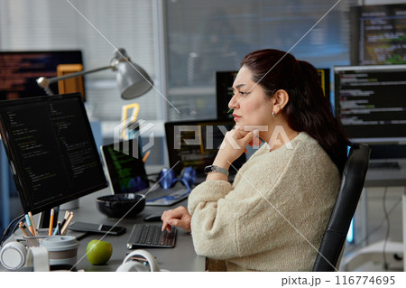 Side view shot of thoughtful female Middle Eastern reviewing code fixing errors while sitting at workplace with digital devices and green apple at desk in IT company office, copy space Side view shot of thoughtful female Middle Eastern reviewing code fixing errors while sitting at workplace with digital devices and green apple at desk in IT company office, copy space 116774695