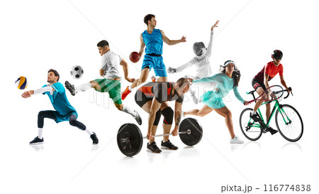 Dynamic collage. Athletes performing various sports volleyball, soccer, basketball, weightlifting, fencing, tennis, and cycling against white studio background. Dynamic collage. Athletes performing various sports volleyball, soccer, basketball, weightlifting, fencing, tennis, and cycling against white studio background. 116774838