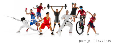 Dynamic collage. Athletes engaged in various sports fencing, boxing, soccer, weightlifting, basketball, karate, cycling, and tennis against white studio background. 116774839