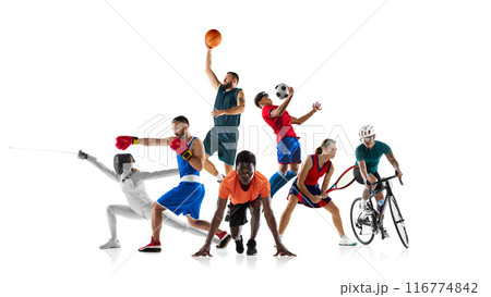 Dynamic collage. Athletes in various sports fencing, boxing, basketball, soccer, track, tennis, and cycling against white studio background. 116774842