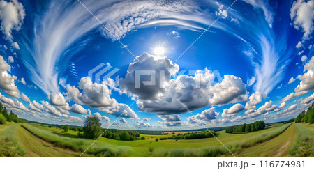 cumulus clouds green landscape fisheye lens effectsky- 116774981