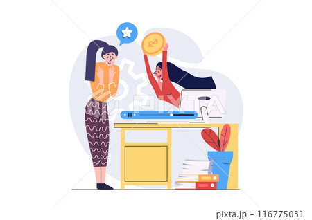 Video marketing concept in modern flat design for web. Woman creating video content and posting in online blog, doing internet promotion, getting monetization and earning finance. Vector illustration. 116775031