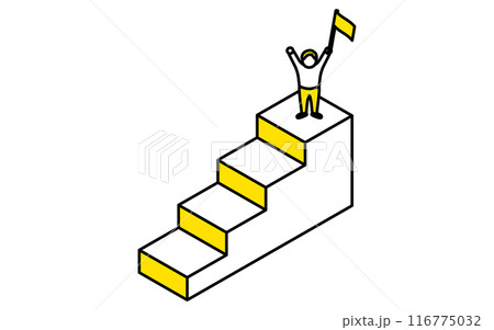 ビジネスのゴールイメージ、目標達成して喜ぶ男性のシンプルな線画イラスト、アイソメトリック ビジネスのゴールイメージ、目標達成して喜ぶ男性のシンプルな線画イラスト、アイソメトリック 116775032