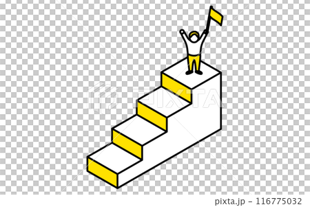 ビジネスのゴールイメージ、目標達成して喜ぶ男性のシンプルな線画イラスト、アイソメトリック ビジネスのゴールイメージ、目標達成して喜ぶ男性のシンプルな線画イラスト、アイソメトリック 116775032