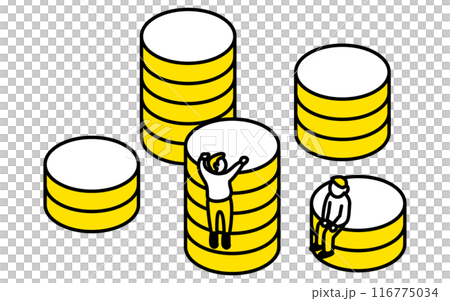 Business goal image, simple line drawing illustration of coins and people, isometric 116775034