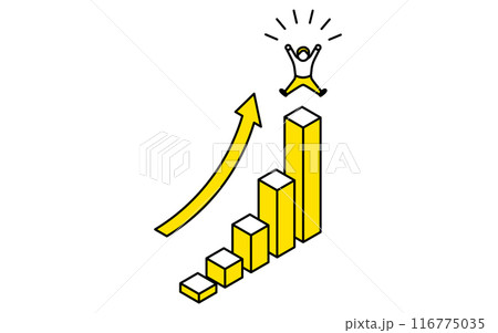 ビジネスのゴールイメージ、右肩上がりのグラフと喜ぶ人シンプルな線画イラスト、アイソメトリック ビジネスのゴールイメージ、右肩上がりのグラフと喜ぶ人シンプルな線画イラスト、アイソメトリック 116775035
