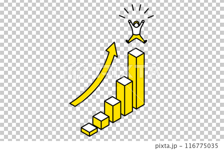 ビジネスのゴールイメージ、右肩上がりのグラフと喜ぶ人シンプルな線画イラスト、アイソメトリック ビジネスのゴールイメージ、右肩上がりのグラフと喜ぶ人シンプルな線画イラスト、アイソメトリック 116775035