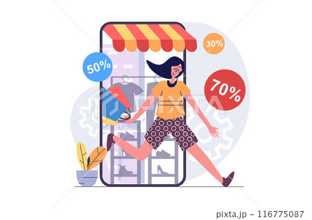 Shopping concept in modern flat design for web. Woman doing bargain purchases in clothes online stores, buying products with best prices in mobile phone application with delivery. Vector illustration. Shopping concept in modern flat design for web. Woman doing bargain purchases in clothes online stores, buying products with best prices in mobile phone application with delivery. Vector illustration. 116775087