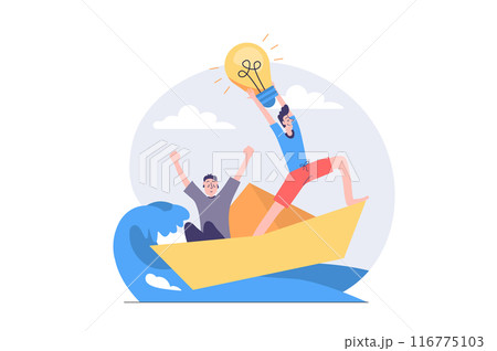 Leadership concept in modern flat design for web. Businessman team sailing in paper ship in high waves with risk navigation, brainstorming and targeting mission and ambitions. Vector illustration. Leadership concept in modern flat design for web. Businessman team sailing in paper ship in high waves with risk navigation, brainstorming and targeting mission and ambitions. Vector illustration. 116775103