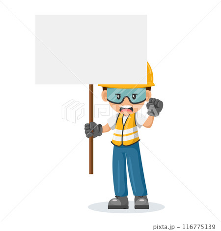 Upset industrial worker in his personal protective equipment holding protest sign with space for text. Industrial safety and occupational health at work Upset industrial worker in his personal protective equipment holding protest sign with space for text. Industrial safety and occupational health at work 116775139
