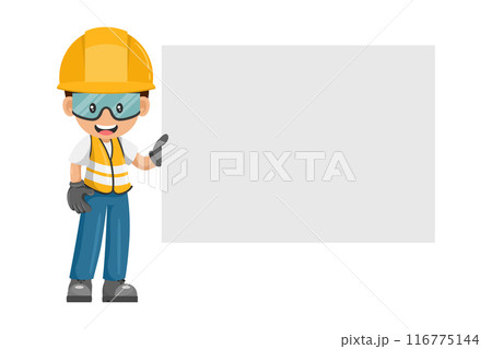 Industrial worker with his personal protective equipment holding poster or banner with space for text for advertising, presentations, brochures. Industrial safety and occupational health at work Industrial worker with his personal protective equipment holding poster or banner with space for text for advertising, presentations, brochures. Industrial safety and occupational health at work 116775144