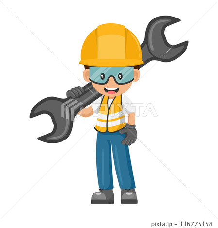 Industrial worker with mechanic's wrench. Concept of repair, preventive maintenance and technical support. Industrial safety and occupational health at work 116775158
