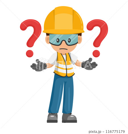 Industrial worker with giant question sign for FAQ concept. Industrial safety and occupational health at work 116775179